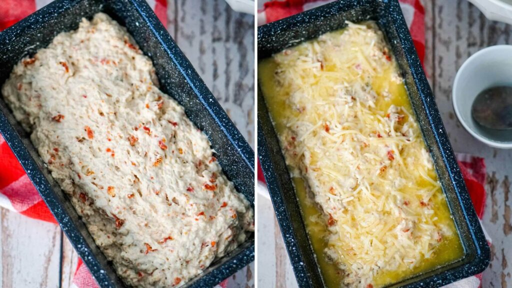 The batter is poured into a bread tin and then topped with melted butter and grated Parmesan.