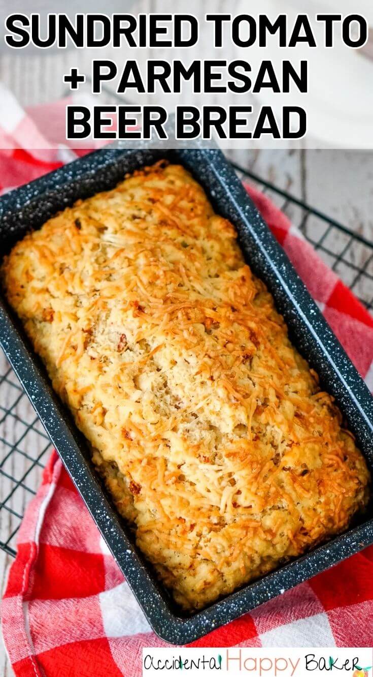 Easy and hearty beer bread is kicked up a notch with the addition of sundried tomatoes and parmesan. This easy to make bread is loaded with sundried tomato flavor, but takes just 4 steps to make. Bread even a beginner baker can master! 