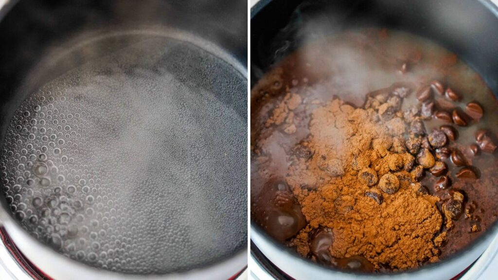 A pot of boiling water. Then, the chocolate is melted in the pot.
