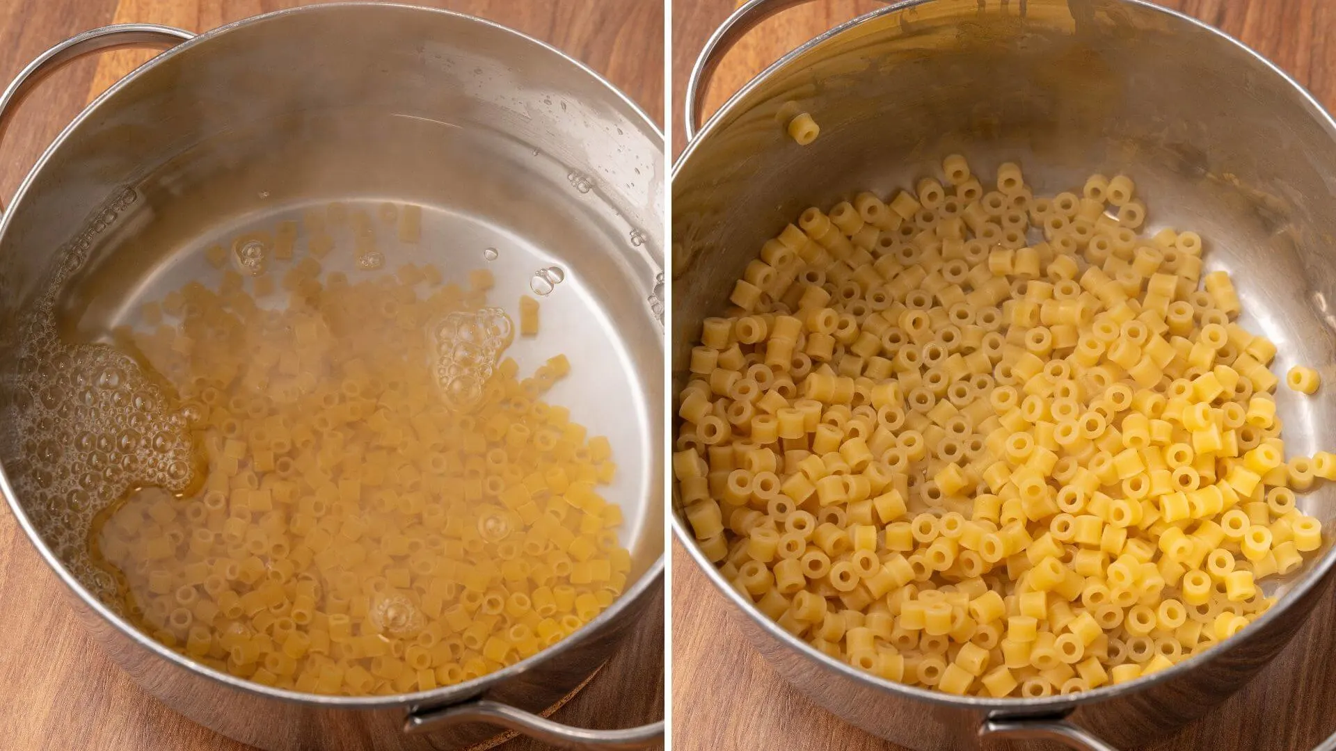 The ditalini pasta is boiled and drained.