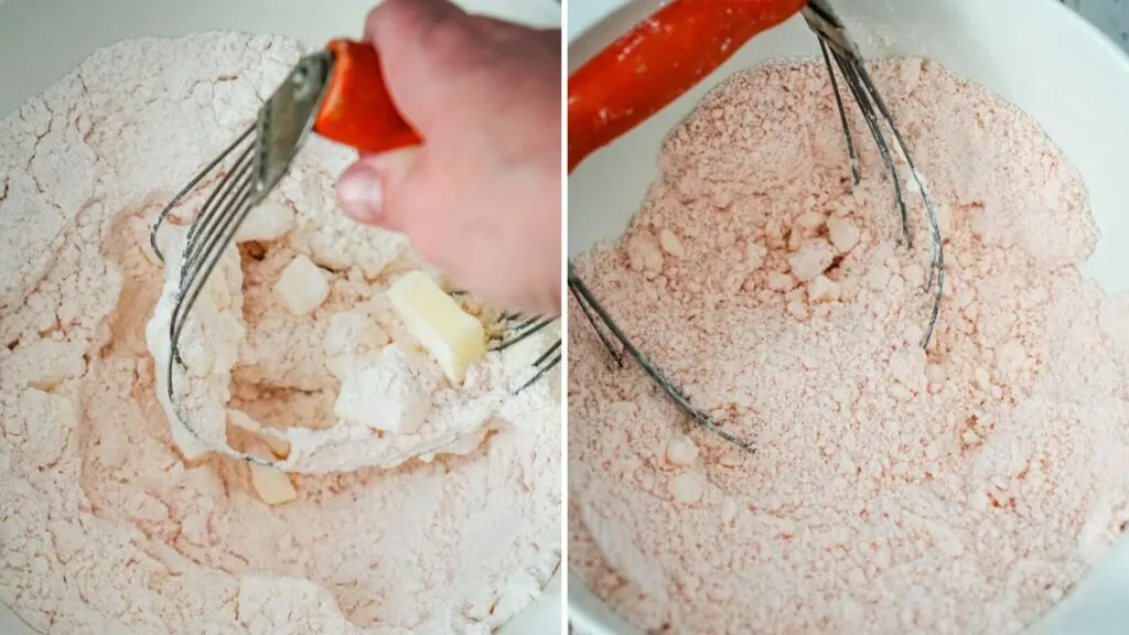 A collage image that shows cutting in the butter into the flour and cake mix. 