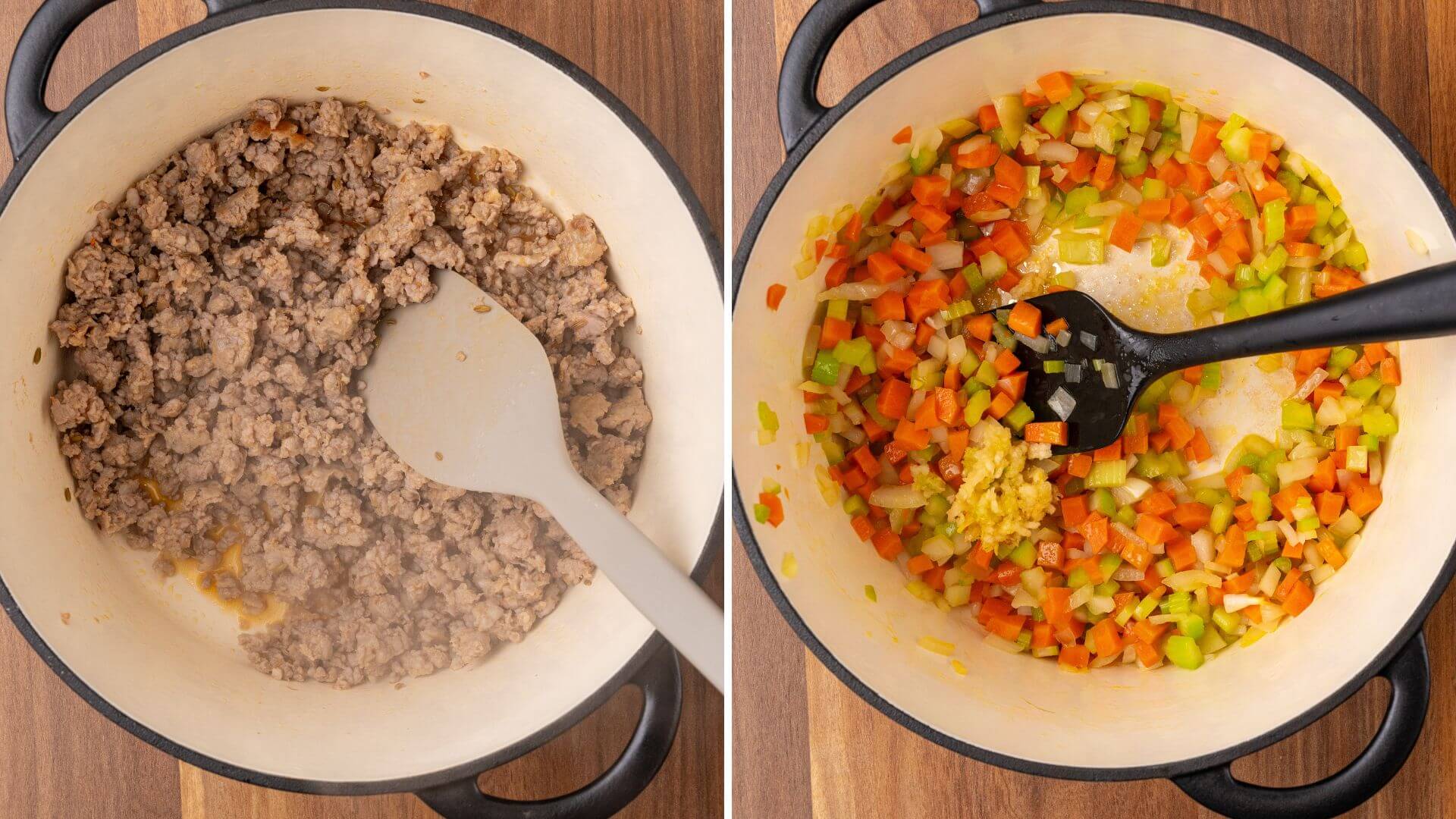 On the left, ground beef is browned and then drained in the stockpot. On the right, the beef has been removed and the veggies are softened with olive oil.