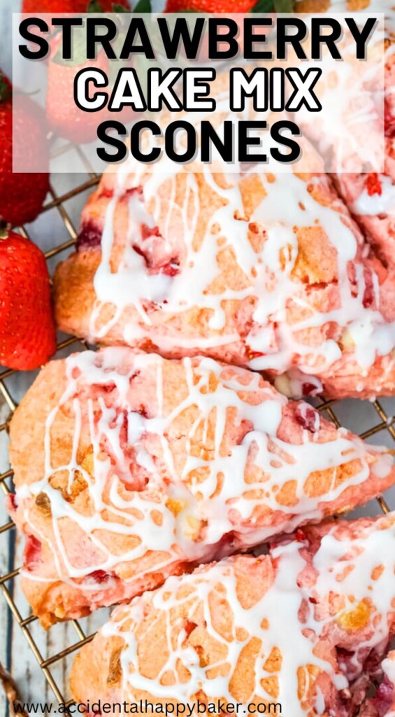 These pretty pink strawberry cake mix scones are bursting with strawberry flavor with bits of strawberries and white chocolate chips inside and a creamy vanilla glaze drizzled on top.