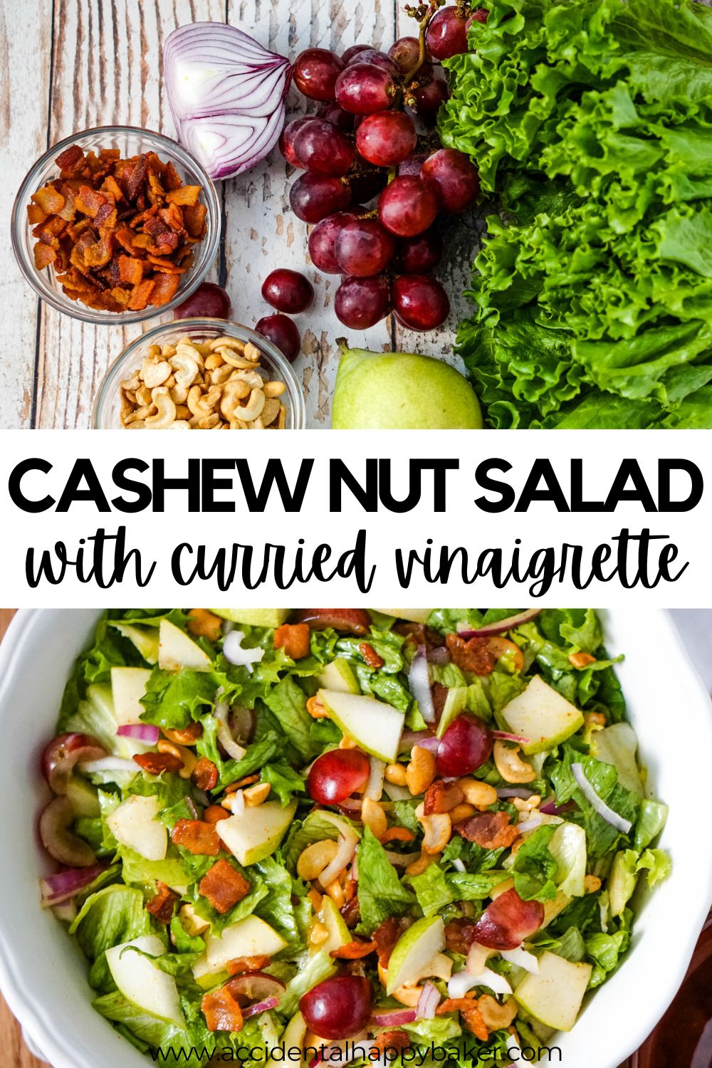 This isn't your typical side salad.  Cashew Nut Salad combines cashews, bacon, pears and grapes with mixed greens and a snappy curried vinaigrette for an easy salad recipe that will liven up any meal!