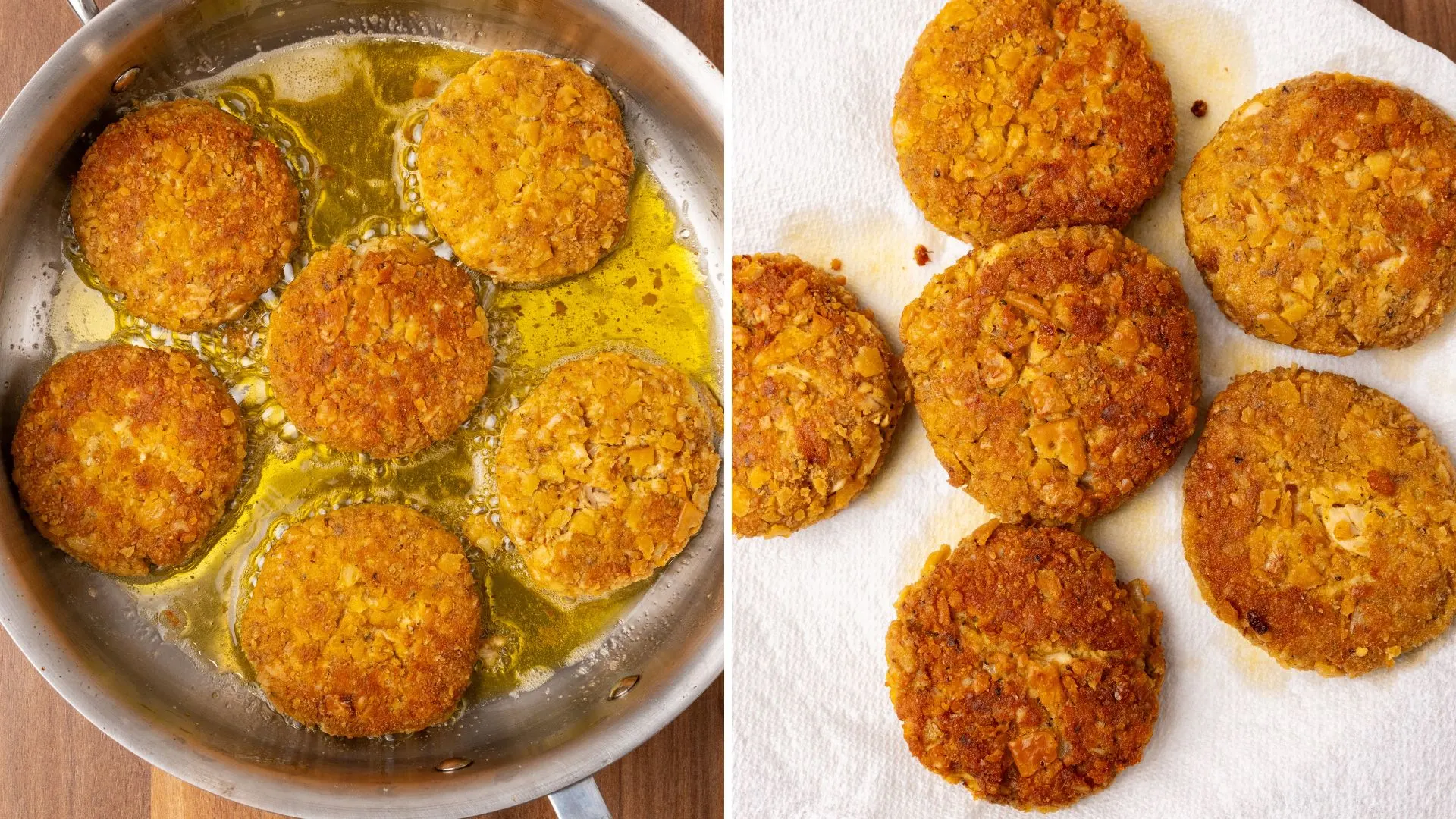 Five salmon patties are frying in the oil, then they are moved to a plate covered with a paper towel to rest.