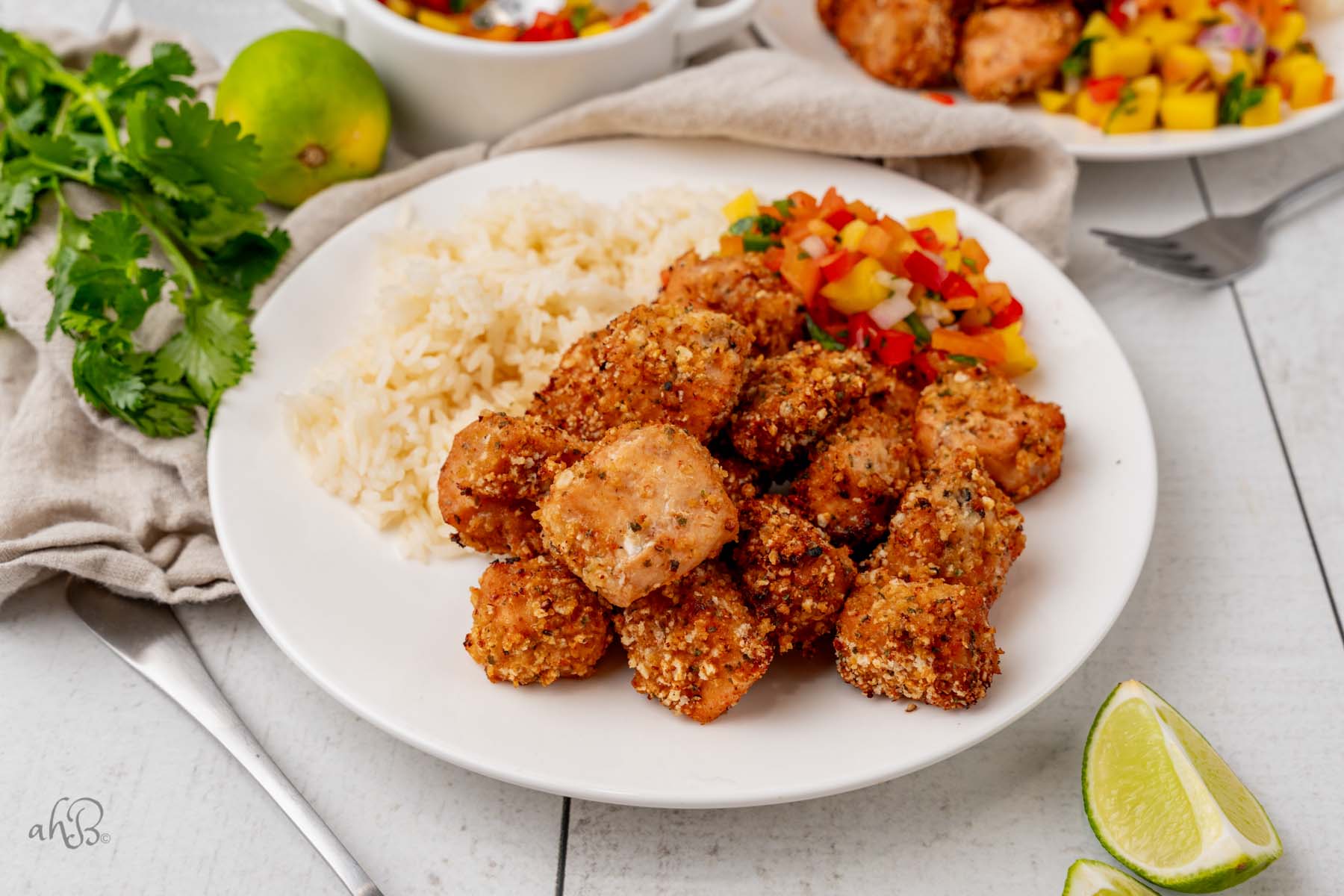 A white plate is full of salmon bites served with rice and a salsa blend.